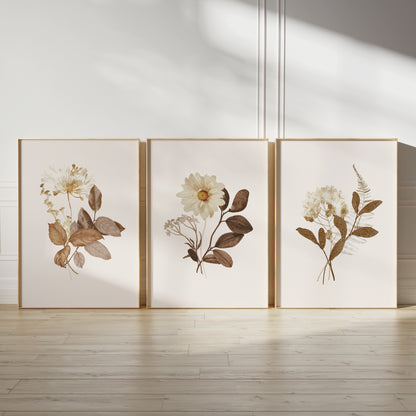 Botanical prints, set of 3 autumn wall art prints in neutral shades