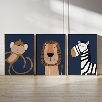 Set of 3 Navy Safari Nursery Prints - 11x14"