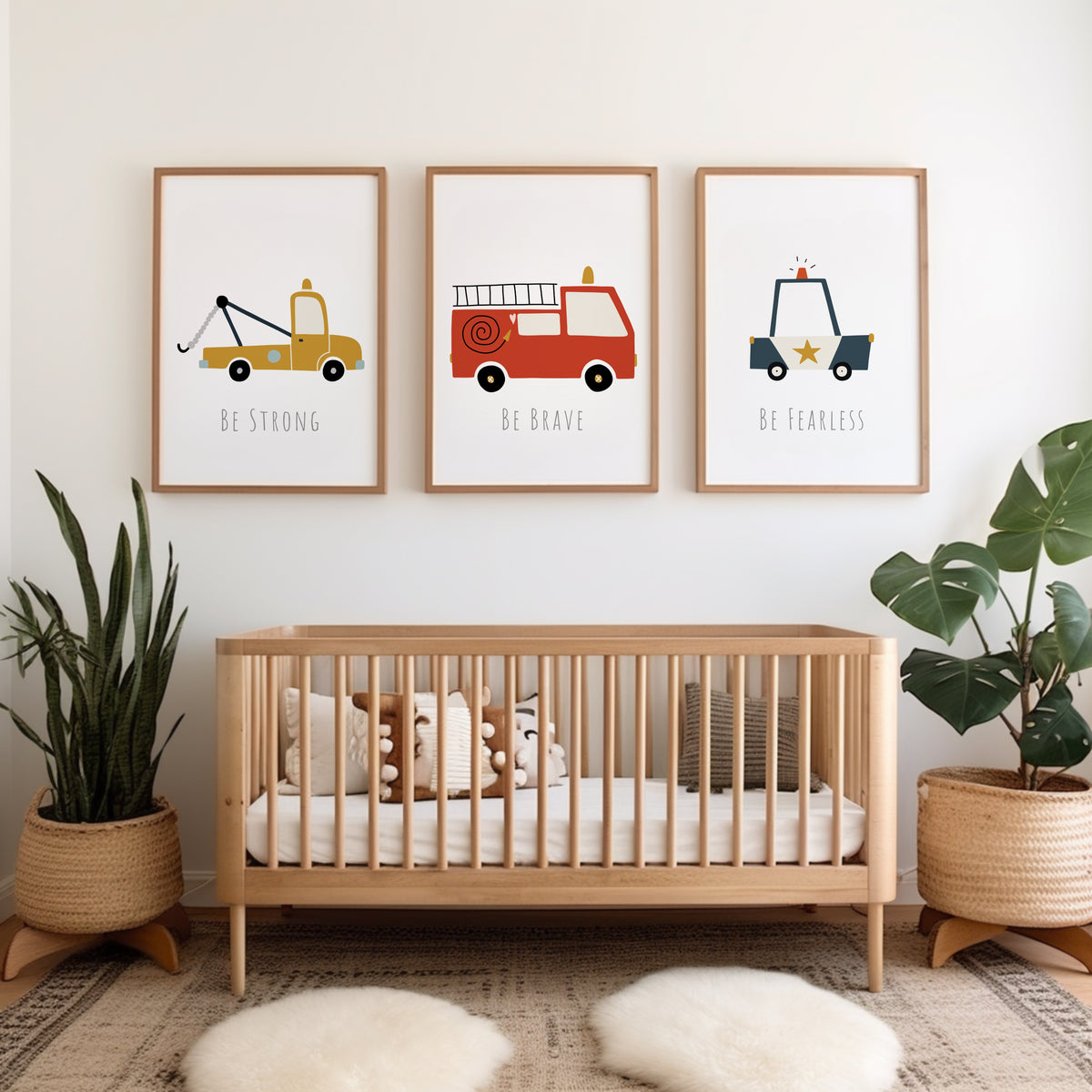 A set of three wall prints featuring various vehicles and the phrases 'BE STRONG', 'BE BRAVE', and 'DON'T TEAR IT' displayed in a nursery room setting with a wooden crib and a green plant.