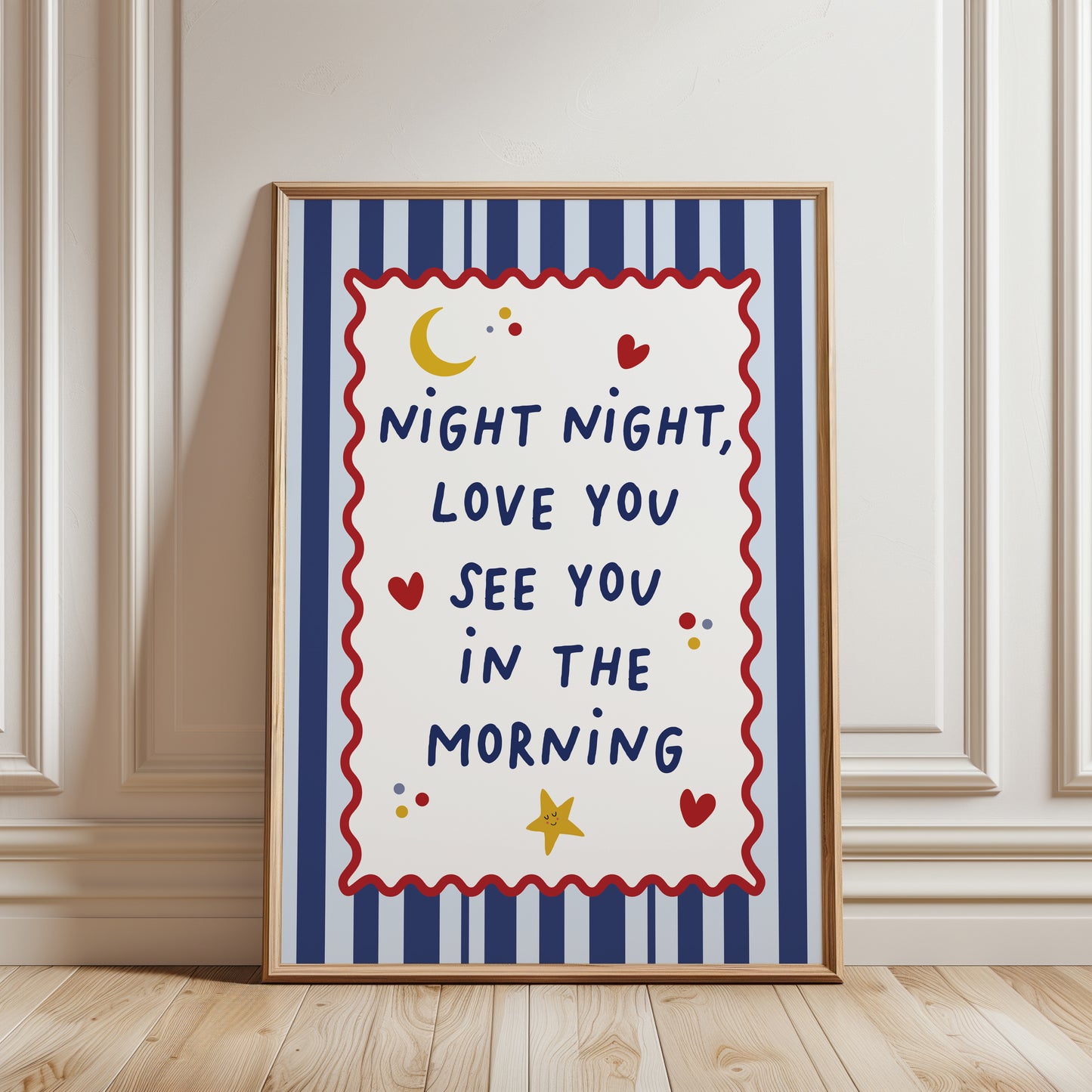 Boys nursery print with bedtime quote " night night love you see you in the morning" on a blue stripe background