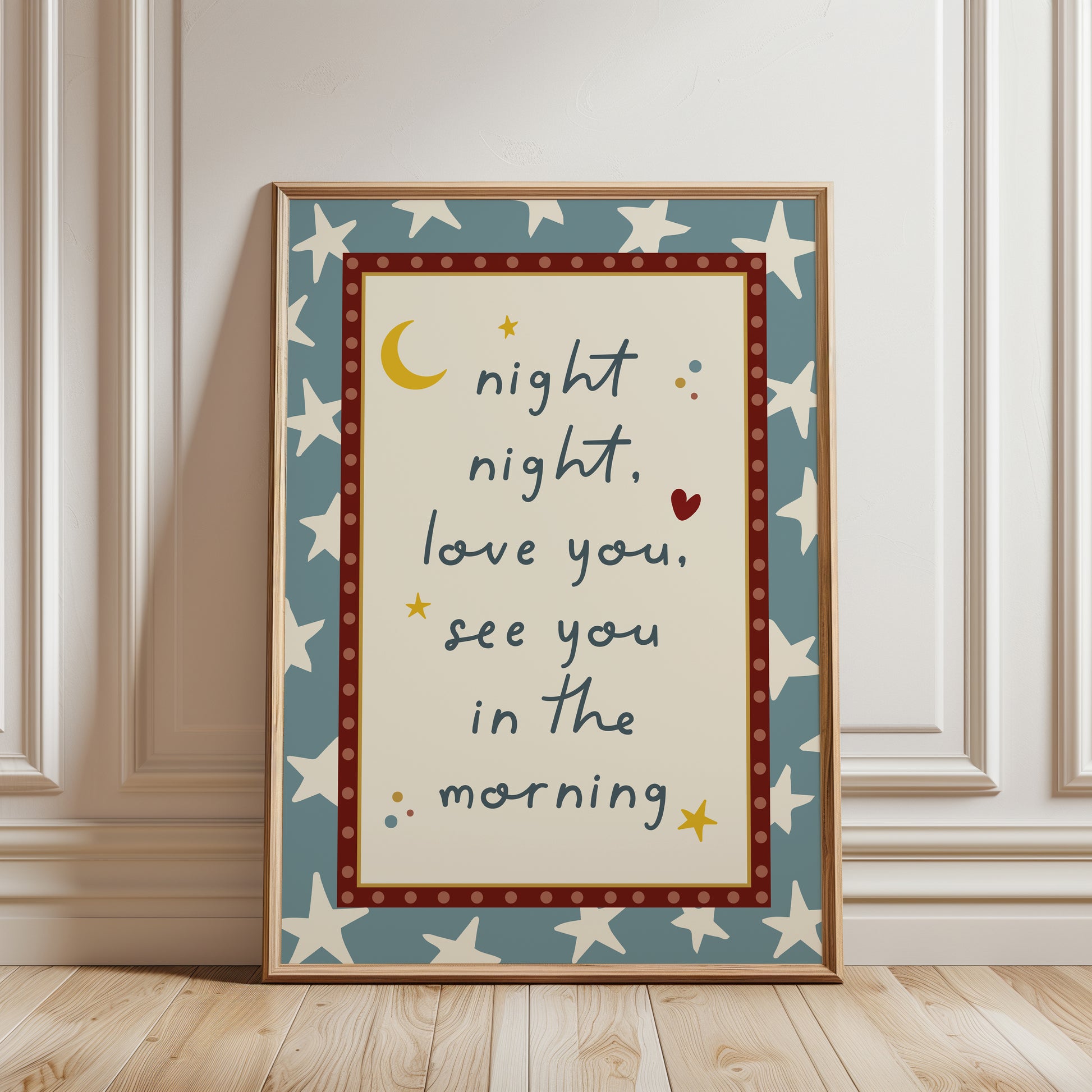 boys nursery print, mid blue, night night love you see you in the morning, with star and moon details