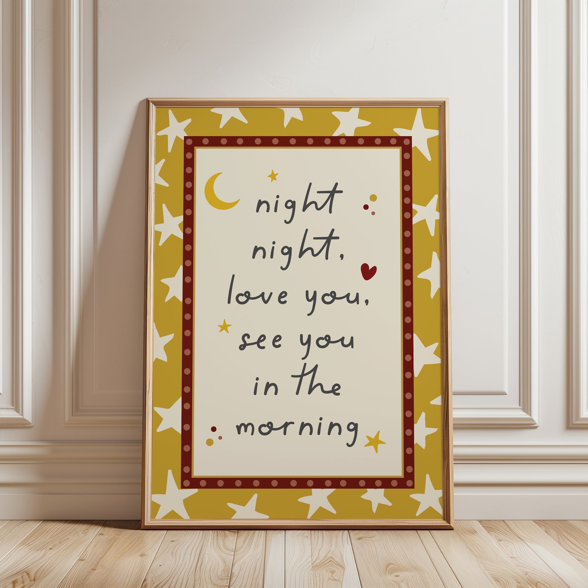 boys nursery print, ochre yellow, night night love you see you in the morning, with star and moon details