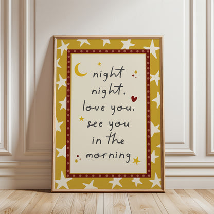 boys nursery print, ochre yellow, night night love you see you in the morning, with star and moon details