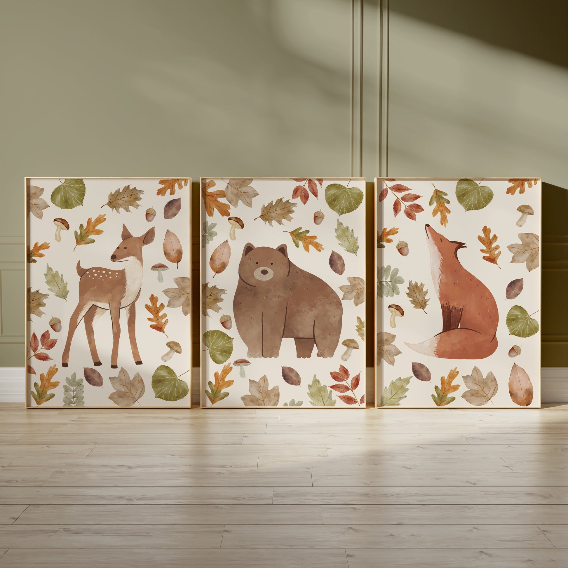 boys room prunts, with a woodland theme featuring deer, bear and fox in autumn colours