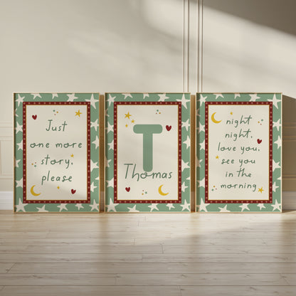 Set of 3 Boys Bedtime Quote Prints, Sage Green