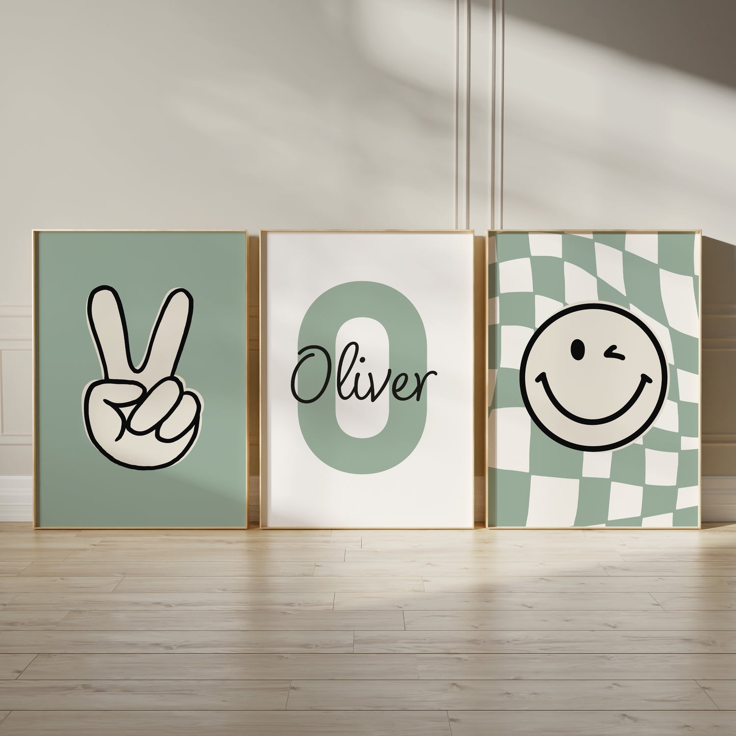 Set of 3 Boys Sage Green Personalised Prints
