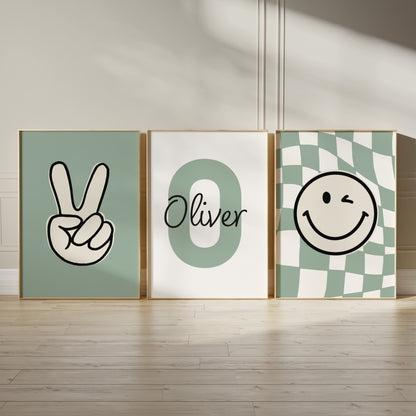 Set of 3 Boys Sage Green Personalised Prints