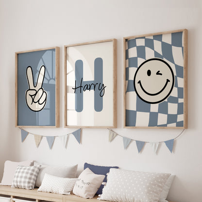 Boys trendy personalised prints in blue, featuring victory sign and smiley face on blue chequered background