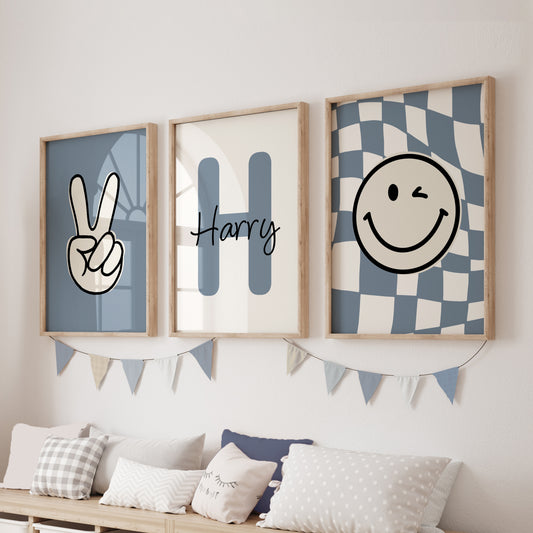 Boys trendy personalised prints in blue, featuring victory sign and smiley face on blue chequered background