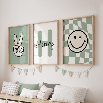 Set of 3 Boys Sage Green Personalised Prints