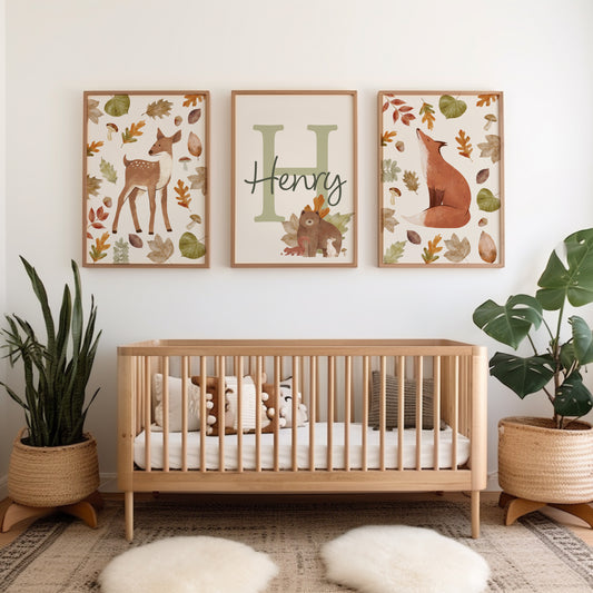 boys personalised wall art set, woodland theme bedroom prints