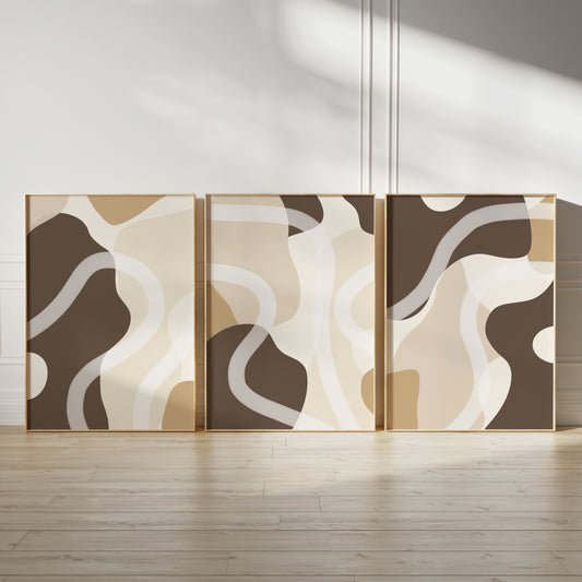 chocolate brown abstract wall art prints, set of three