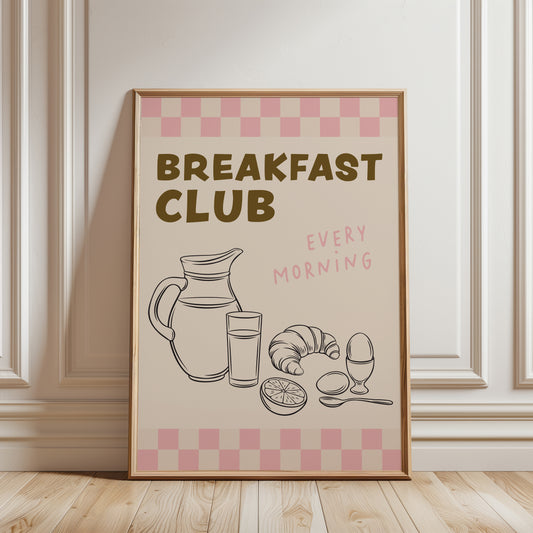 beige & pink kitchen print, breakfast club wall art with chequered border