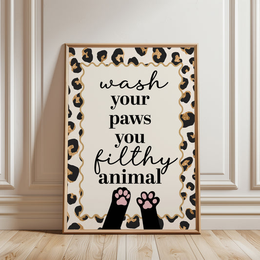 Funny cat bathroom print, wash your paws