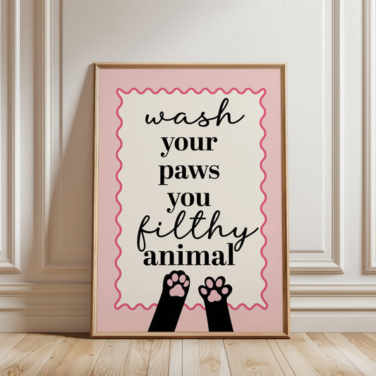 cat bathroom print in pink, WASH YOUR PAWS