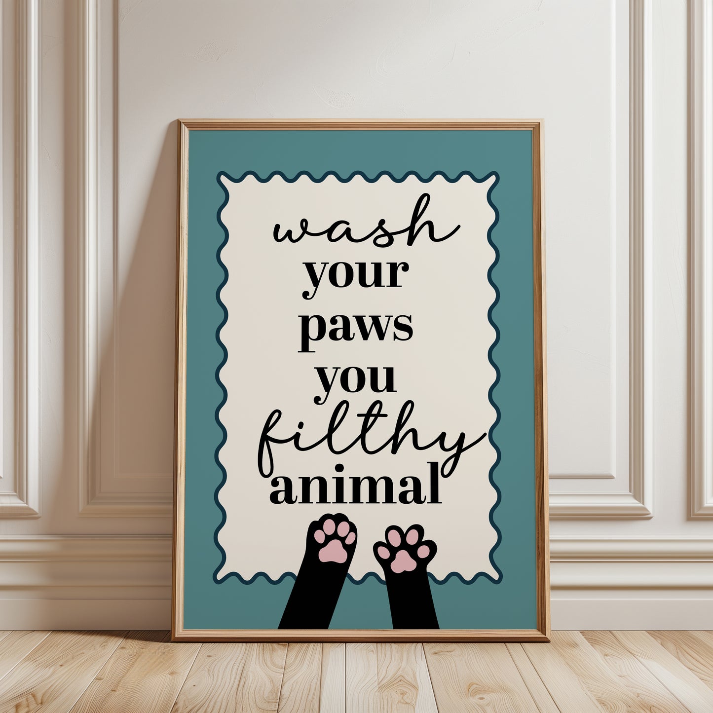 Bathroom print for cat lover in teal, wash your paws you filthy animal