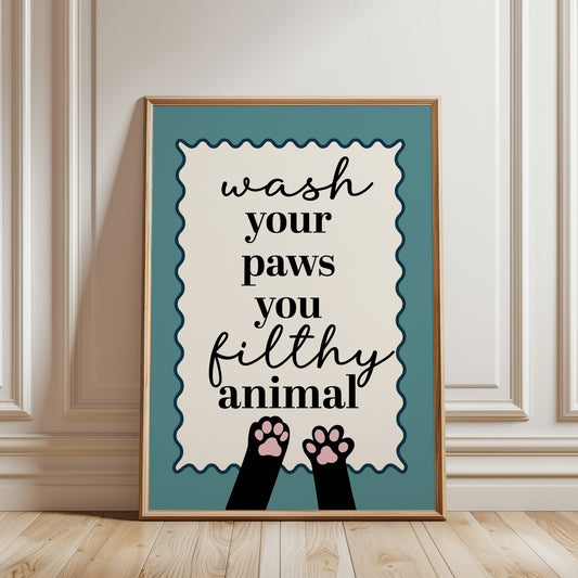 Bathroom print for cat lover in teal, wash your paws you filthy animal
