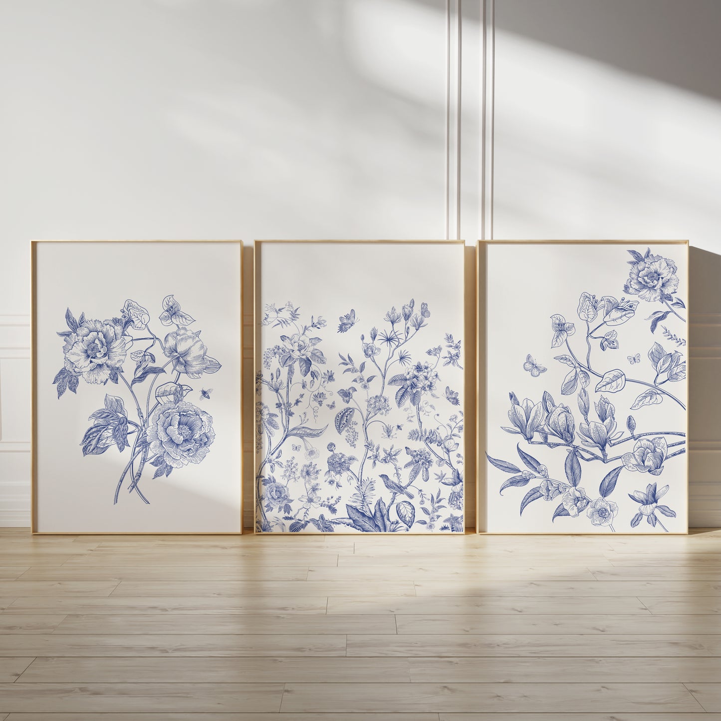 Chinoiserie wall art, blue florals on cream backgrounds
