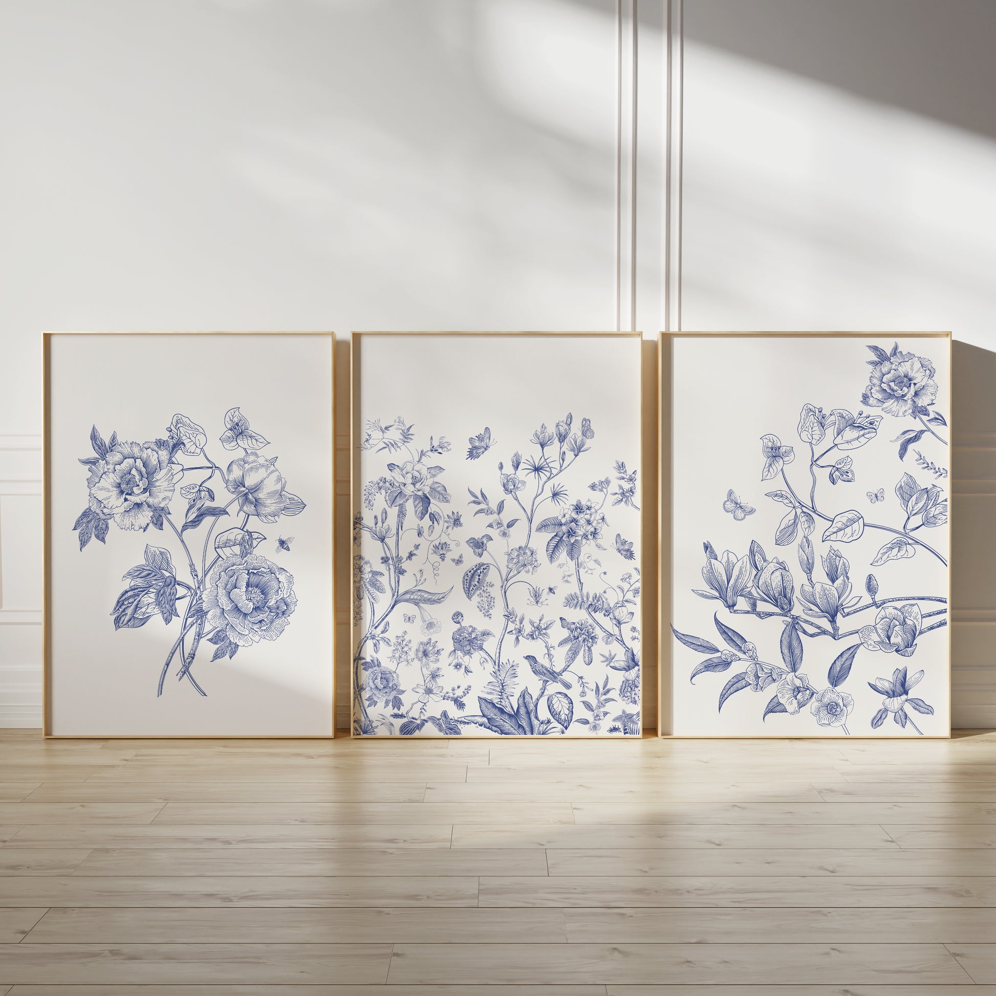 Chinoiserie wall art, blue florals on cream backgrounds