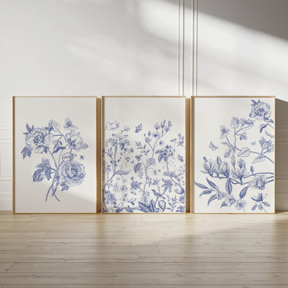 Chinoiserie wall art, blue florals on cream backgrounds