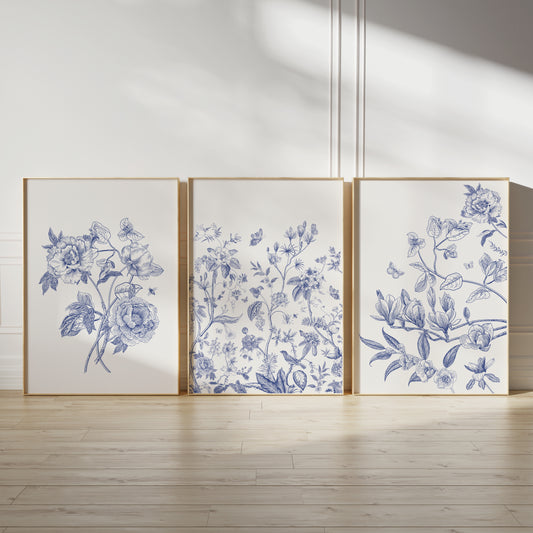 Chinoiserie wall art, blue florals on cream backgrounds