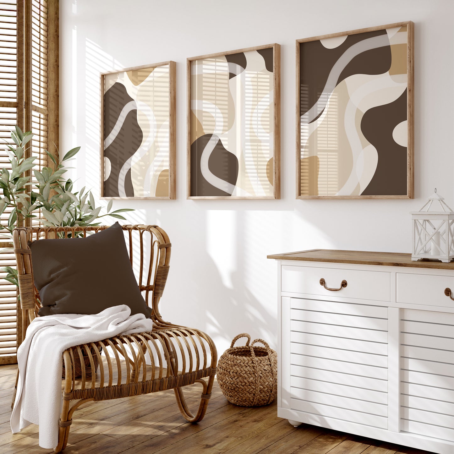 Set of 3 Brown Abstract Wall Art Prints