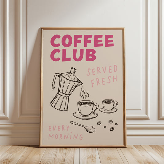 Coffee club kitchen print in pink