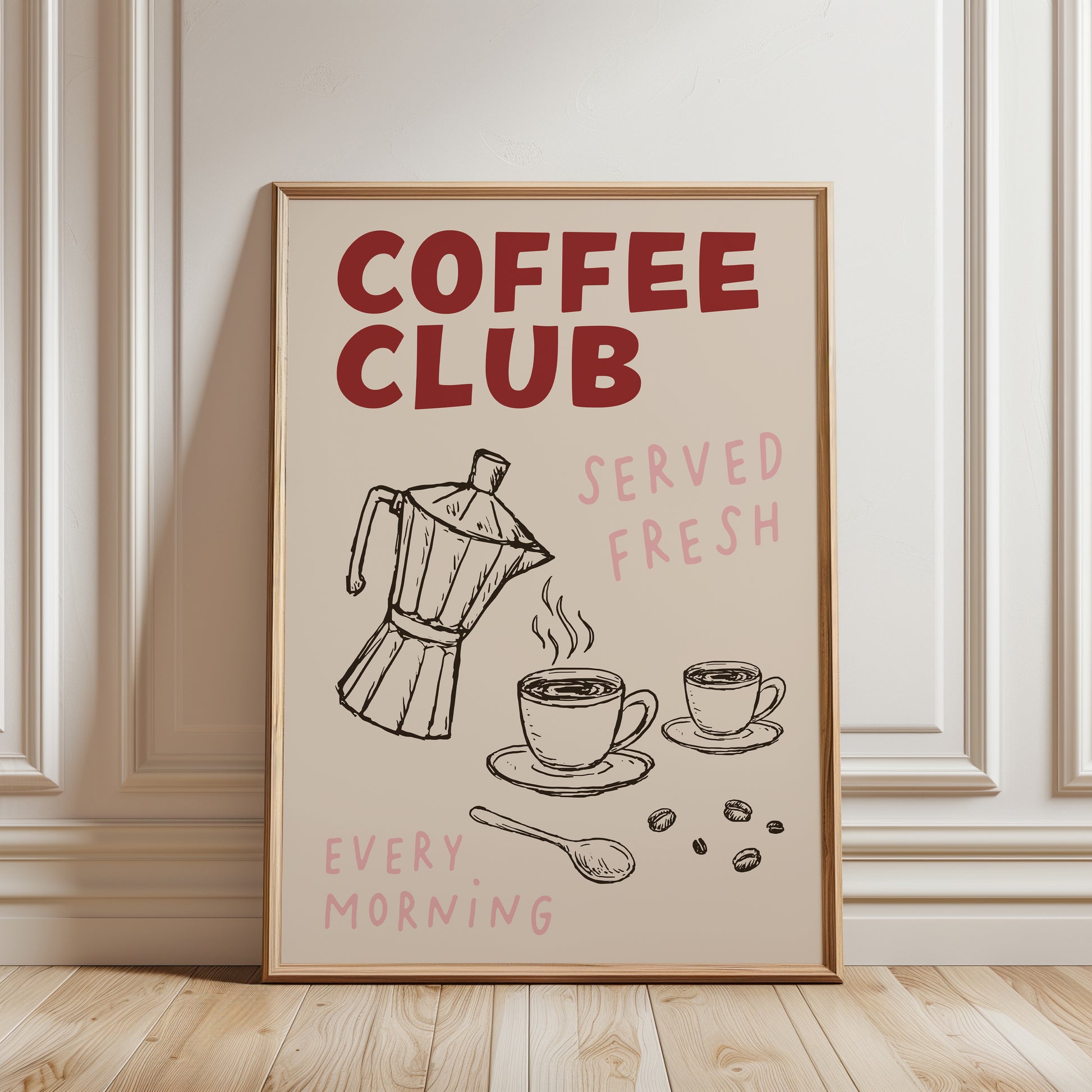 unframed coffee-themed art print. The print features the words 'COFFEE CLUB' in large red letters, with hand-drawn illustrations of a moka pot, cups, coffee beans, and a spoon on a cream background.