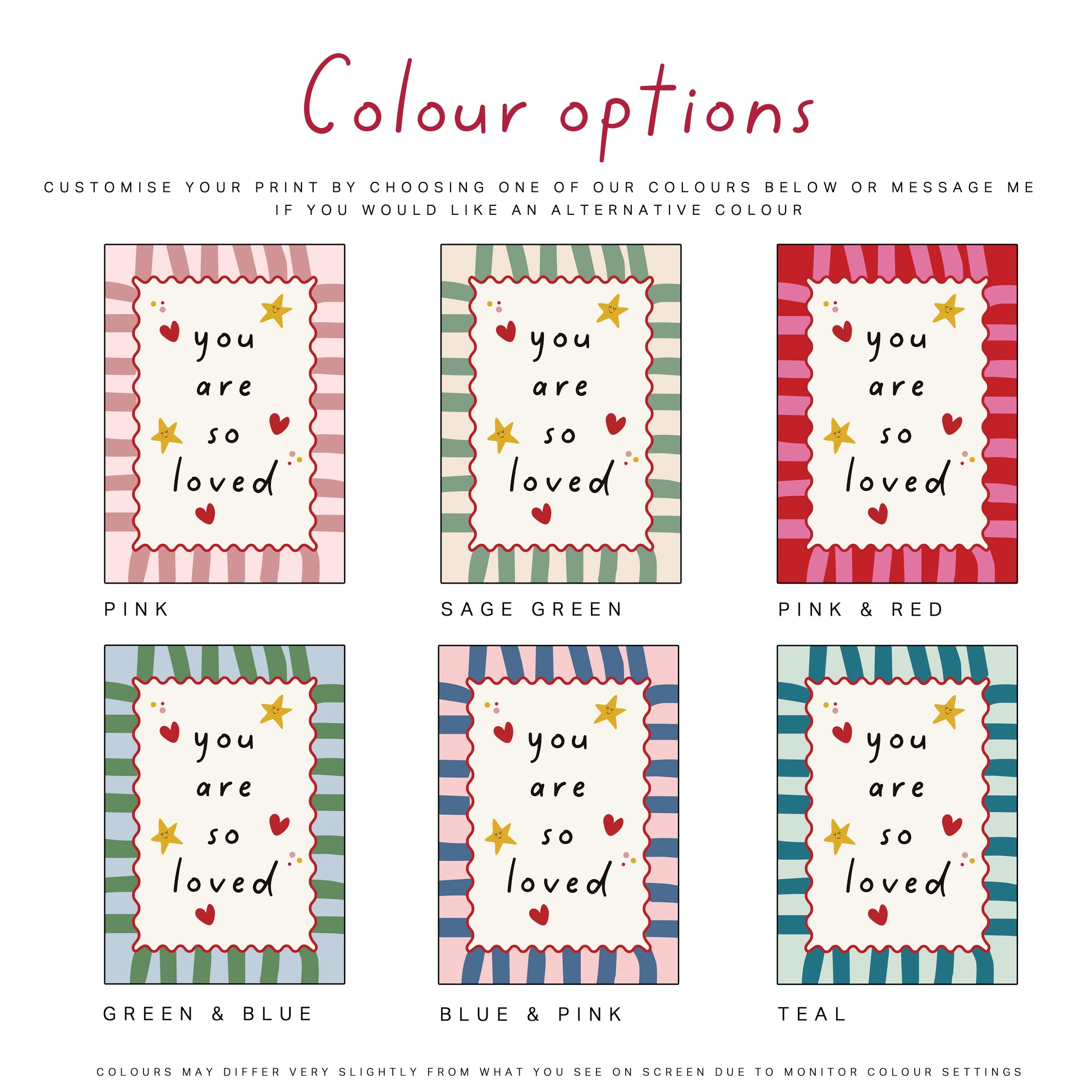 Colour options for nursery print "you are so loved"