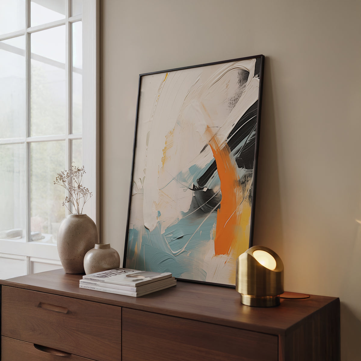 colourful abstract wall art with brush strokes in orange, yellow and blue