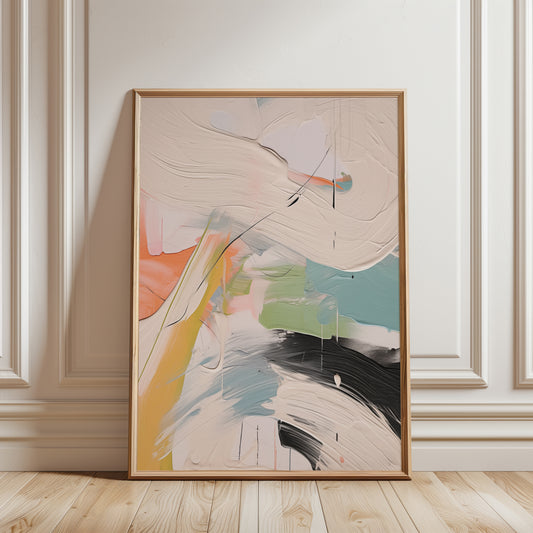colourful abstract wall art print, brush stokes in shades of yellow, bluem black, green and peach