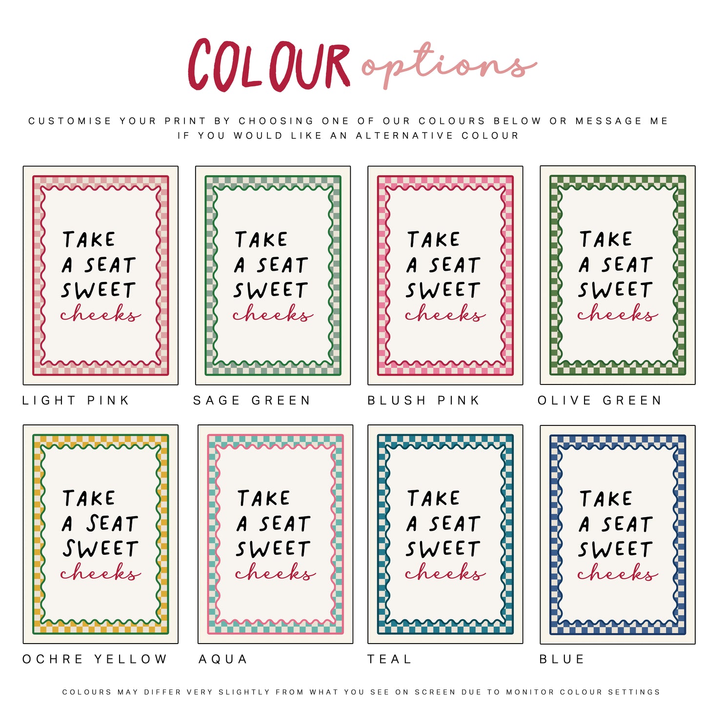 Bathroom print available in 8 colours