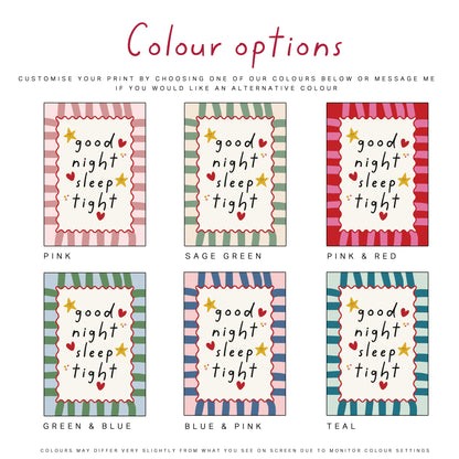 Colour options for fun nursery print, bedtime quote