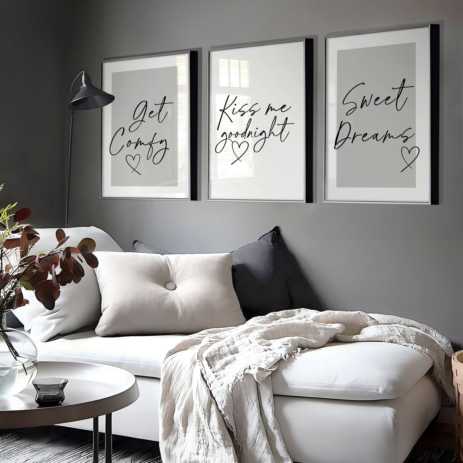 couples bedroom prints in grey with quotes; get comfy, kiss me goodnight and sweet dreams