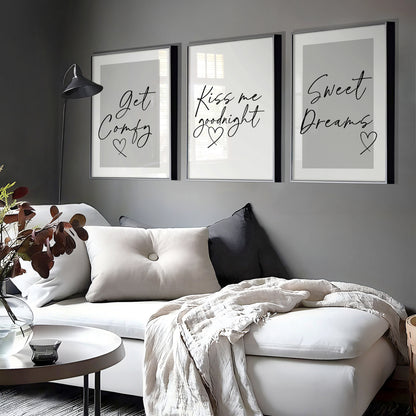 couples bedroom prints in grey with quotes; get comfy, kiss me goodnight and sweet dreams