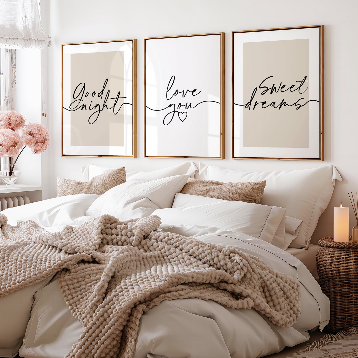 Set of 3 Bedroom Prints, Good Night, Love You, Sweet Dreams, Beige