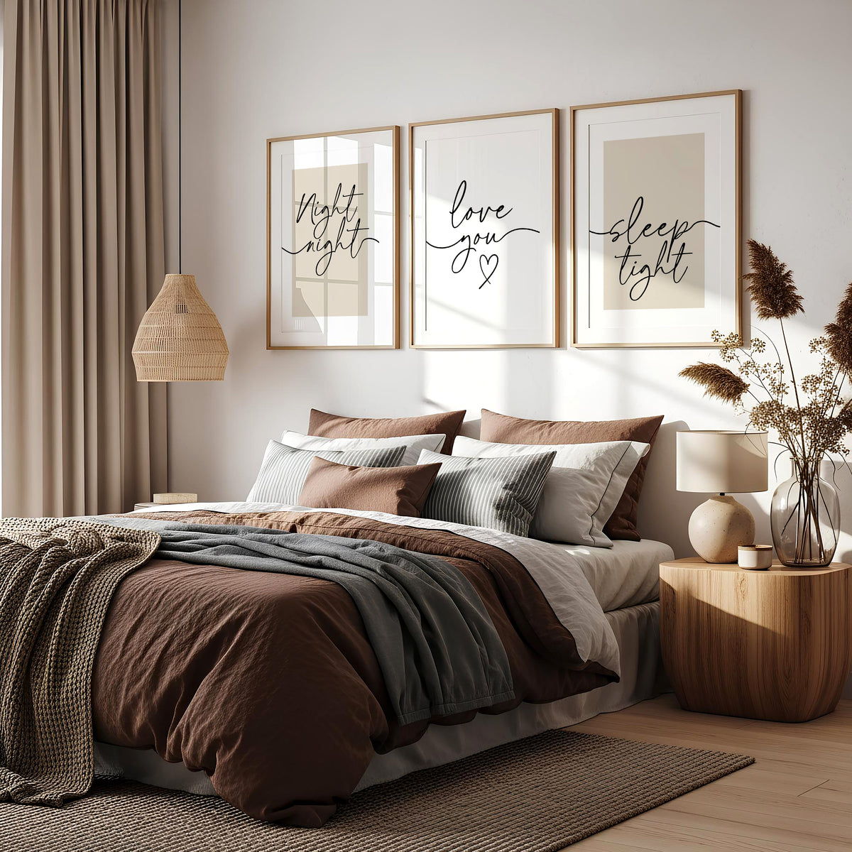 couples bedroom wall art in beige
