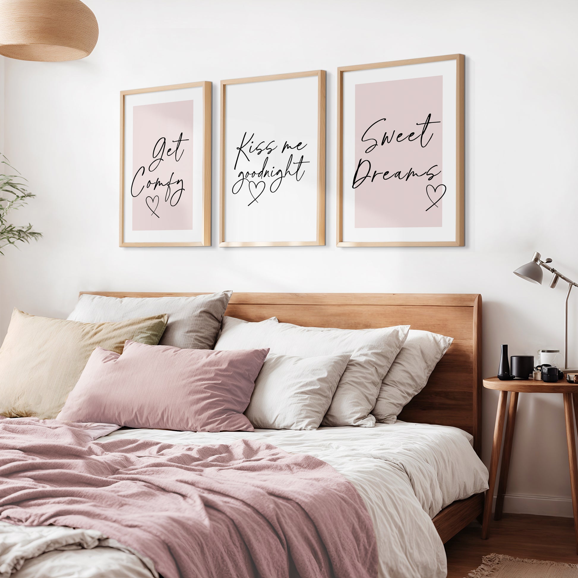 Couples above bed wall art in pink with bedtime quotes