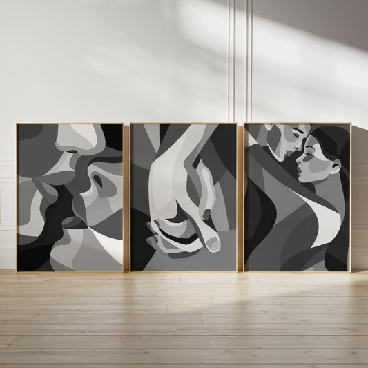 Couples abstract bedroom prints, abstract art of couples holding hands, kissing and hugging