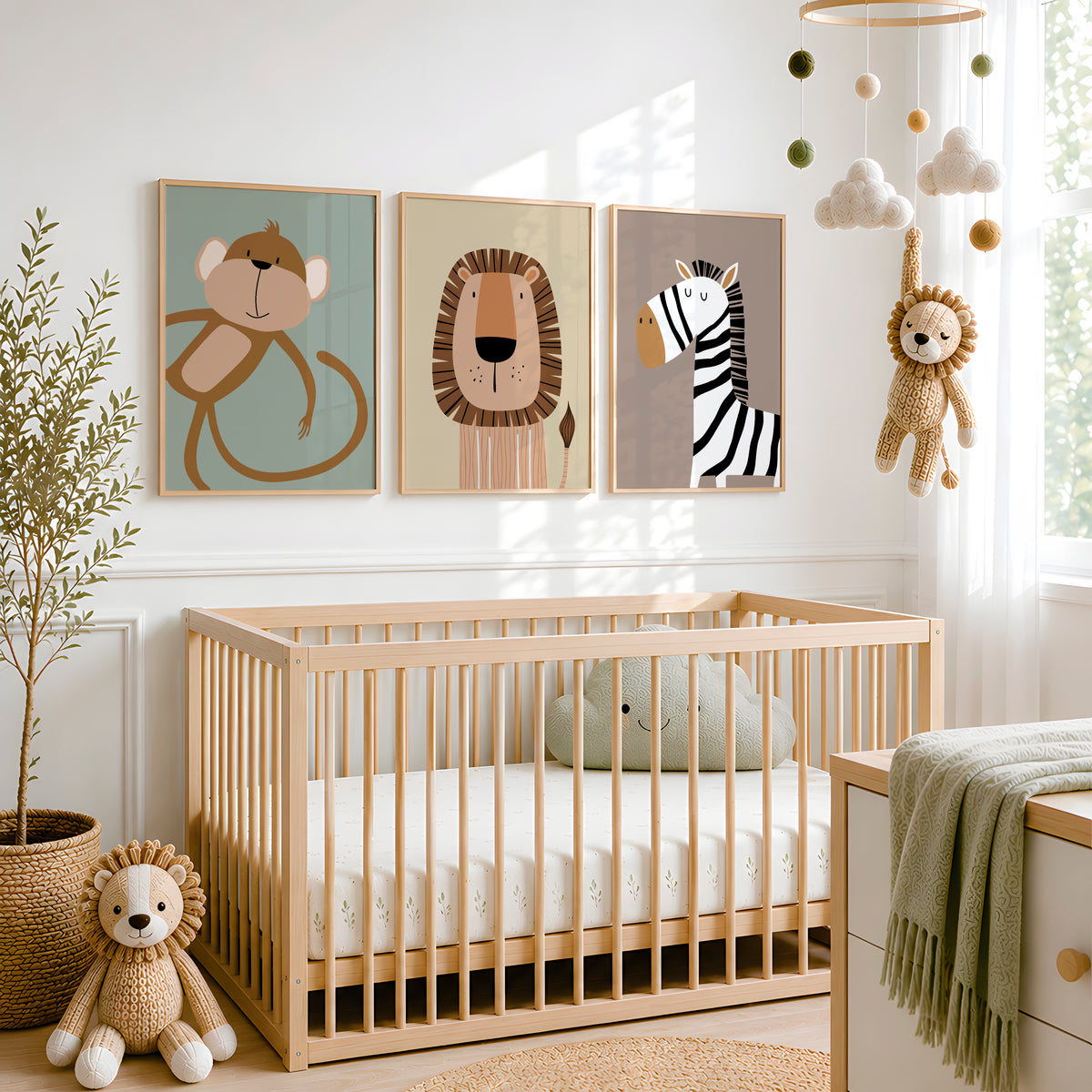 cute safari animal prints for nursery or boys room, monkey on a sage green background, lion on a yellow background and zebra on a brown background