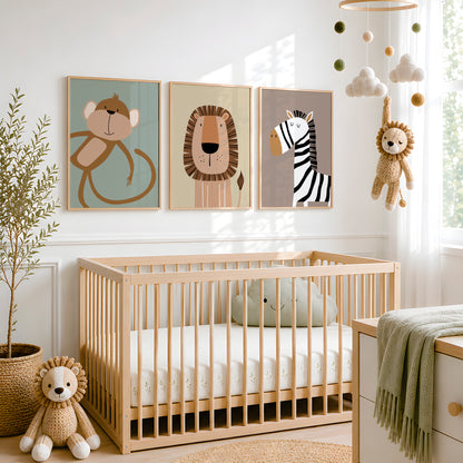cute safari animal prints for nursery or boys room, monkey on a sage green background, lion on a yellow background and zebra on a brown background
