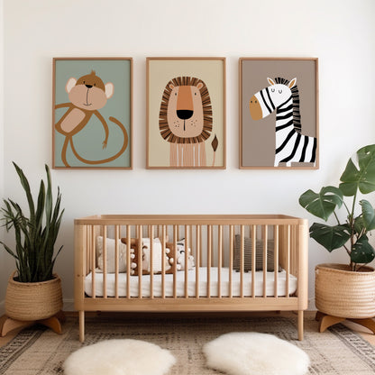 cute animal nursery prints, monkey on a green background, lion on a yellow background, zebra on a taupe background