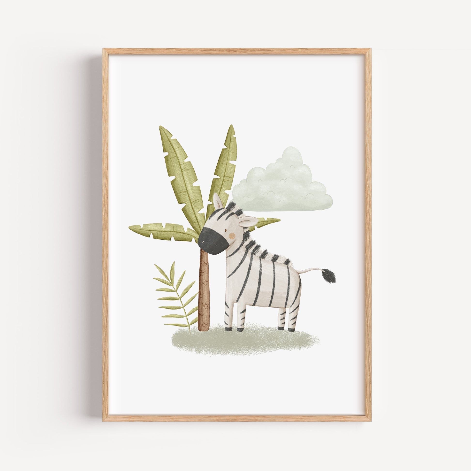 cute safari nursery print with baby zebra illustration in a jungle scene
