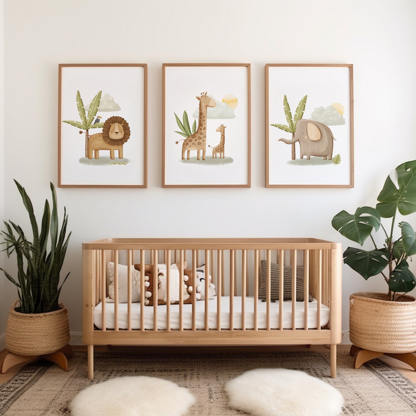 cute safari animal prints for nursery, new baby gift. The prints including lion, giraffe and elephant