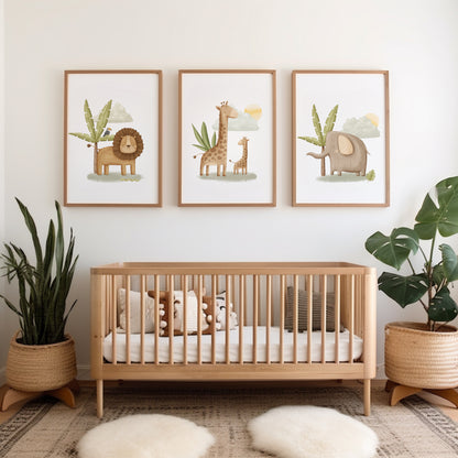cute safari animal prints for nursery, new baby gift. The prints including lion, giraffe and elephant