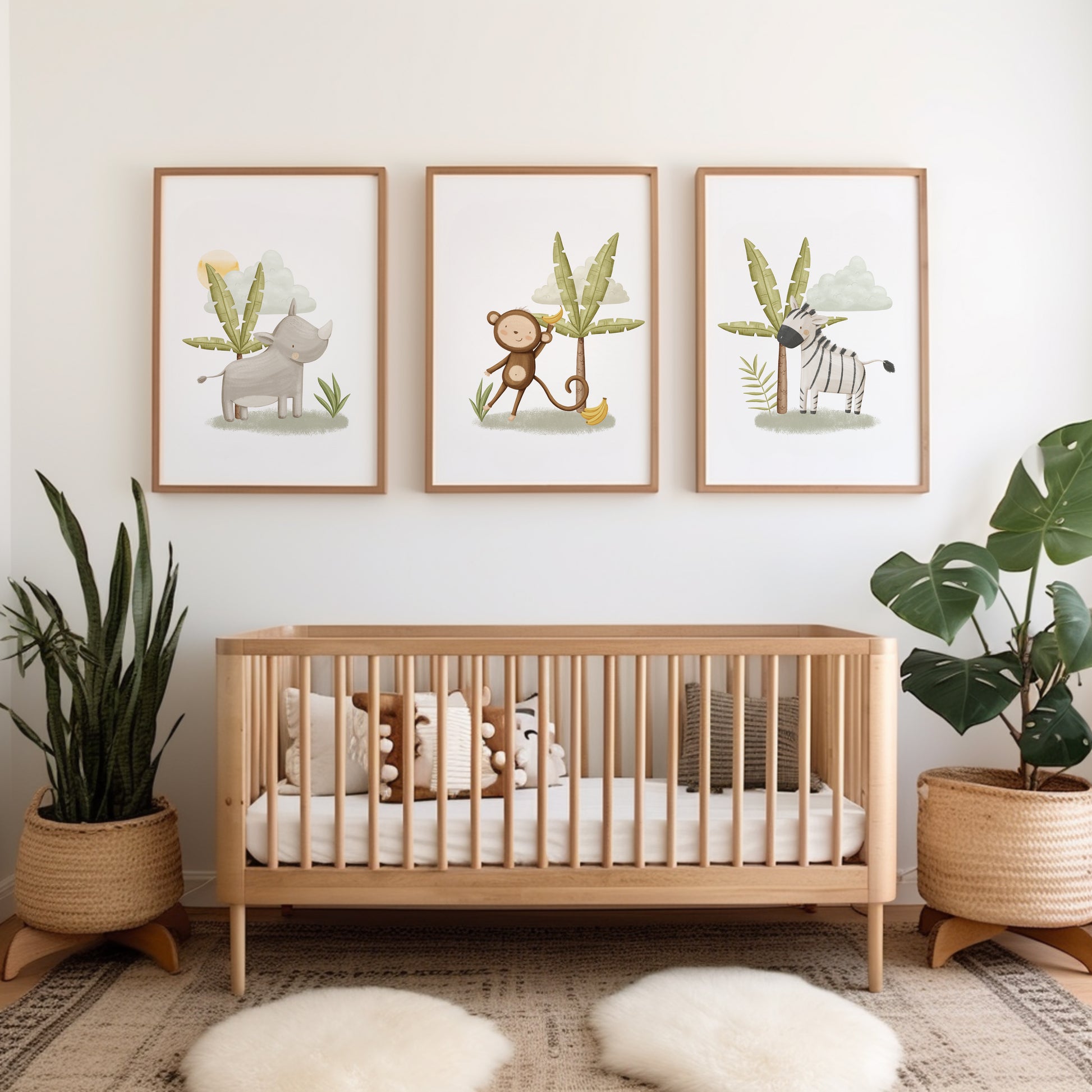 Set of three cute illustrated safari animal nursery pictures all in jungle scenes, rhino, monkey and zebra