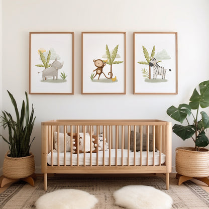 Set of three cute illustrated safari animal nursery pictures all in jungle scenes, rhino, monkey and zebra