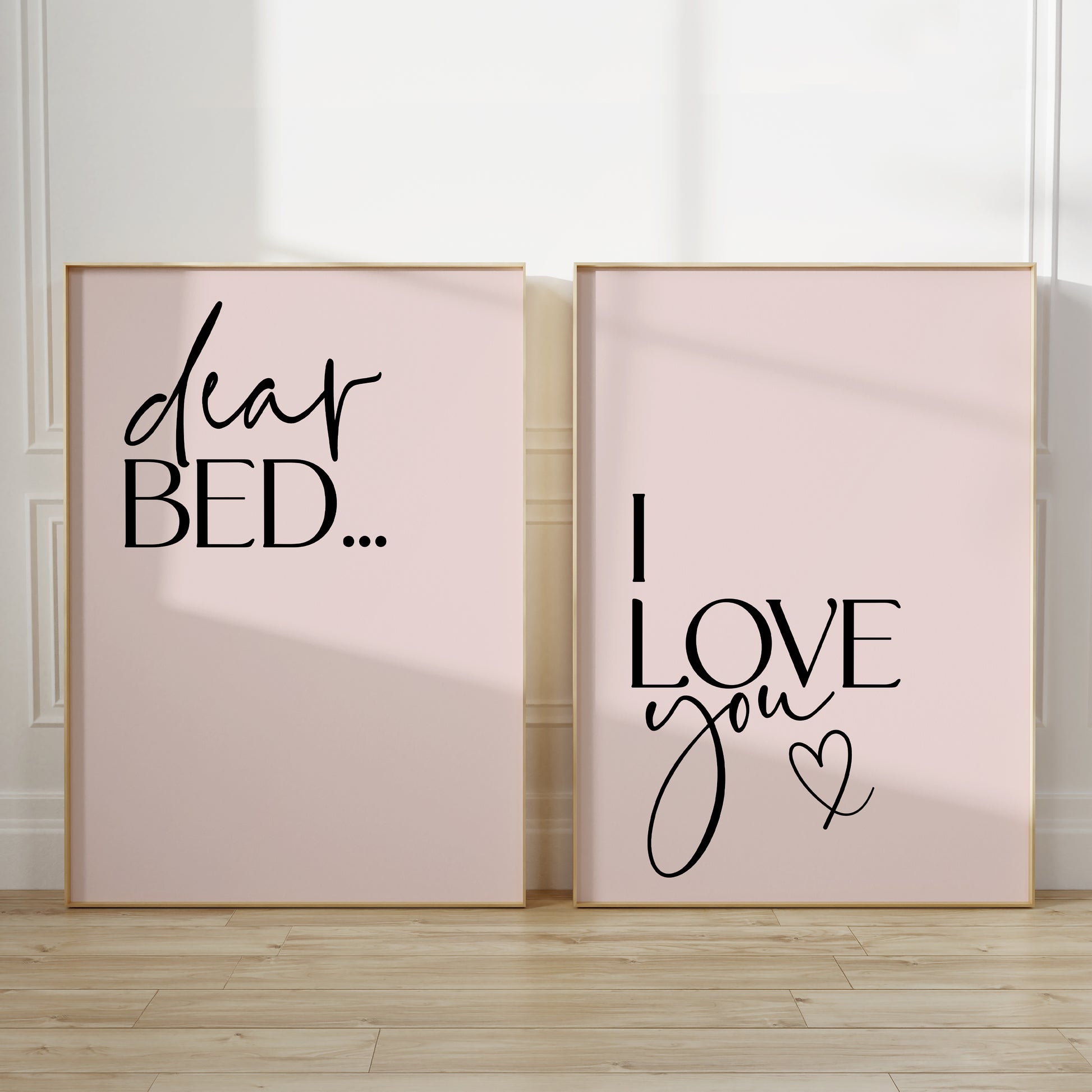 DEAR BED I LOVE YOU bedroom prints in pink, set of two