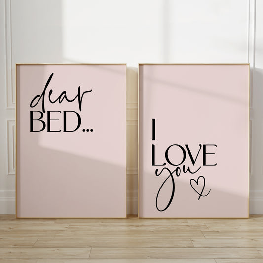 DEAR BED I LOVE YOU bedroom prints in pink, set of two