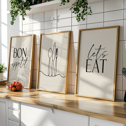 DIning room decor, set of 3 prints in beige